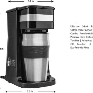 2‑in‑1 Single Cup Coffee Maker & 14oz Travel Mug Combo